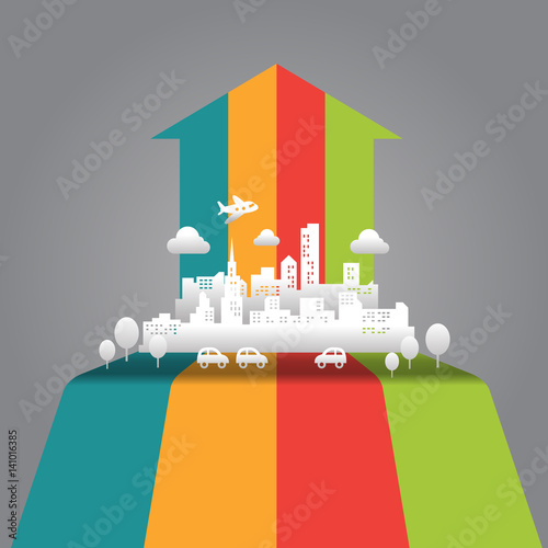 White paper cut cityscape on wave arrow up vector art design