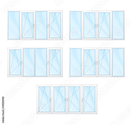 Windows with white frames and blue glass set isolated vector illustration.