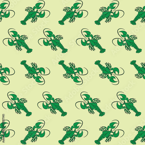 Green сancer on a yellow background. Seamless pattern. Design for textile, wrapping paper, packaging, background theme of the website, presentations, recipes.