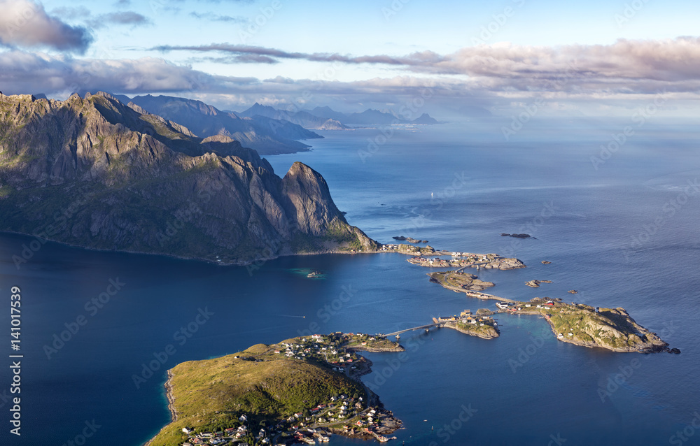 Scenic bird's eye view of the village of Reine and surrounding f