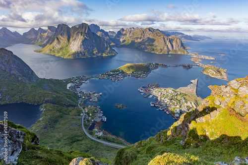 Scenic bird's eye view of the village of Reine and surrounding f