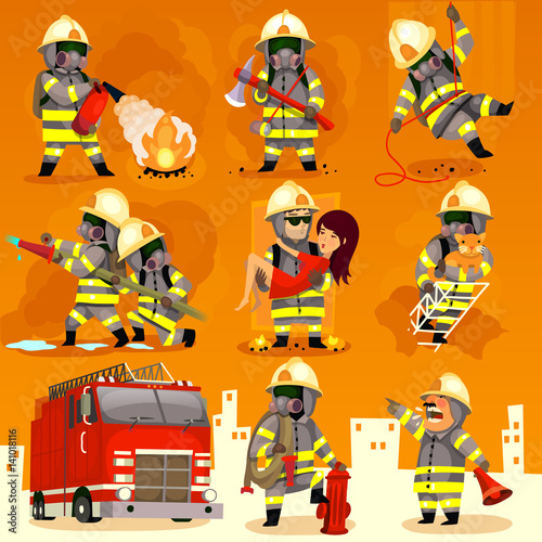 Set of cartoon fireman doing their job and saving people. EPS 10