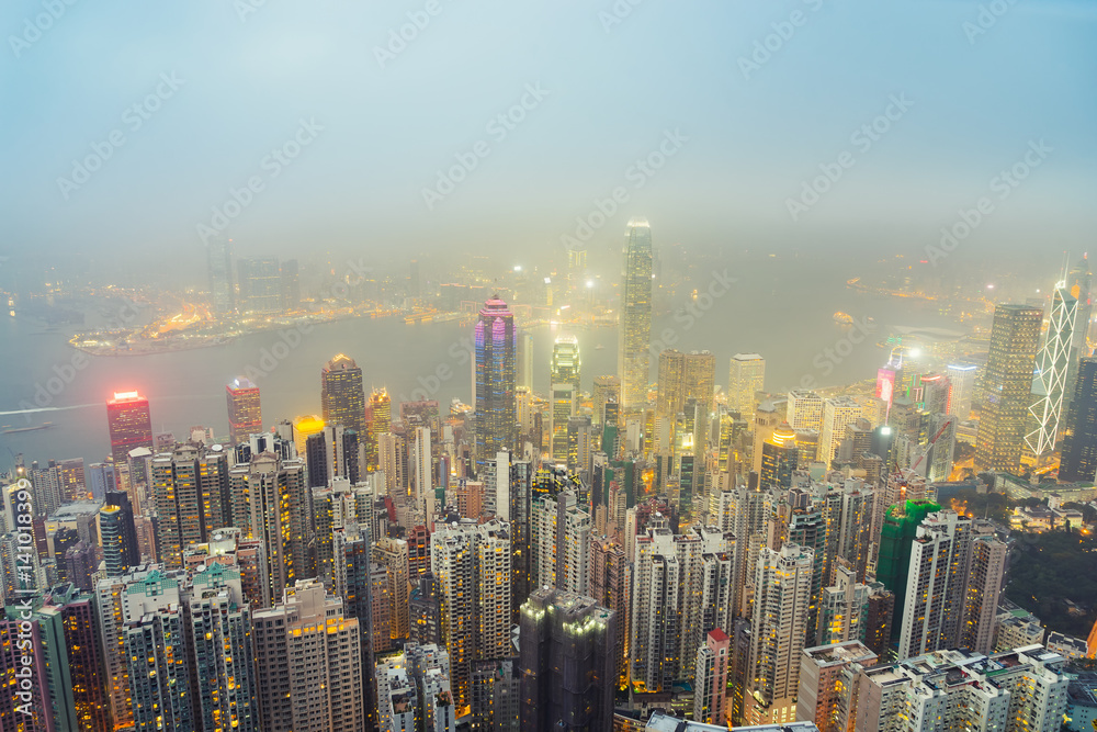Hong kong city skyline at victoria peak view at night.