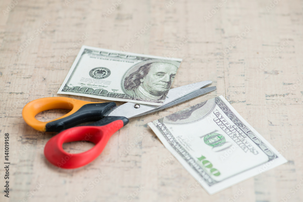 Cut in half $ 100 and scissors with space for text Cut in half $ 100 and scissors with space for text