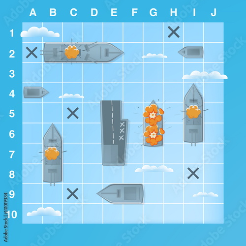 Sea battle game elements with effects. Cartoon illustration