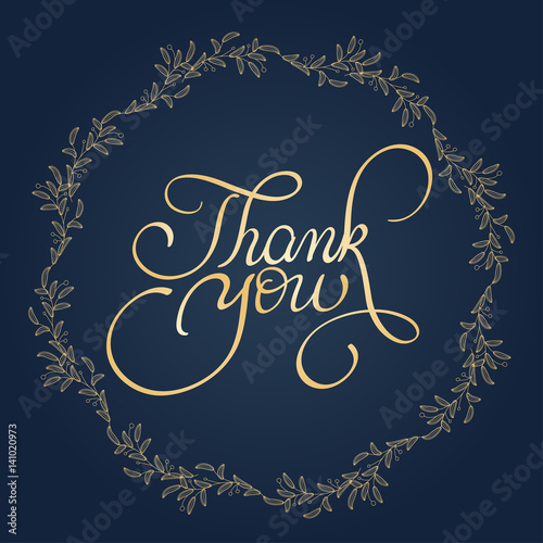 Thank you text with round frame on background. Calligraphy lettering Vector illustration EPS10