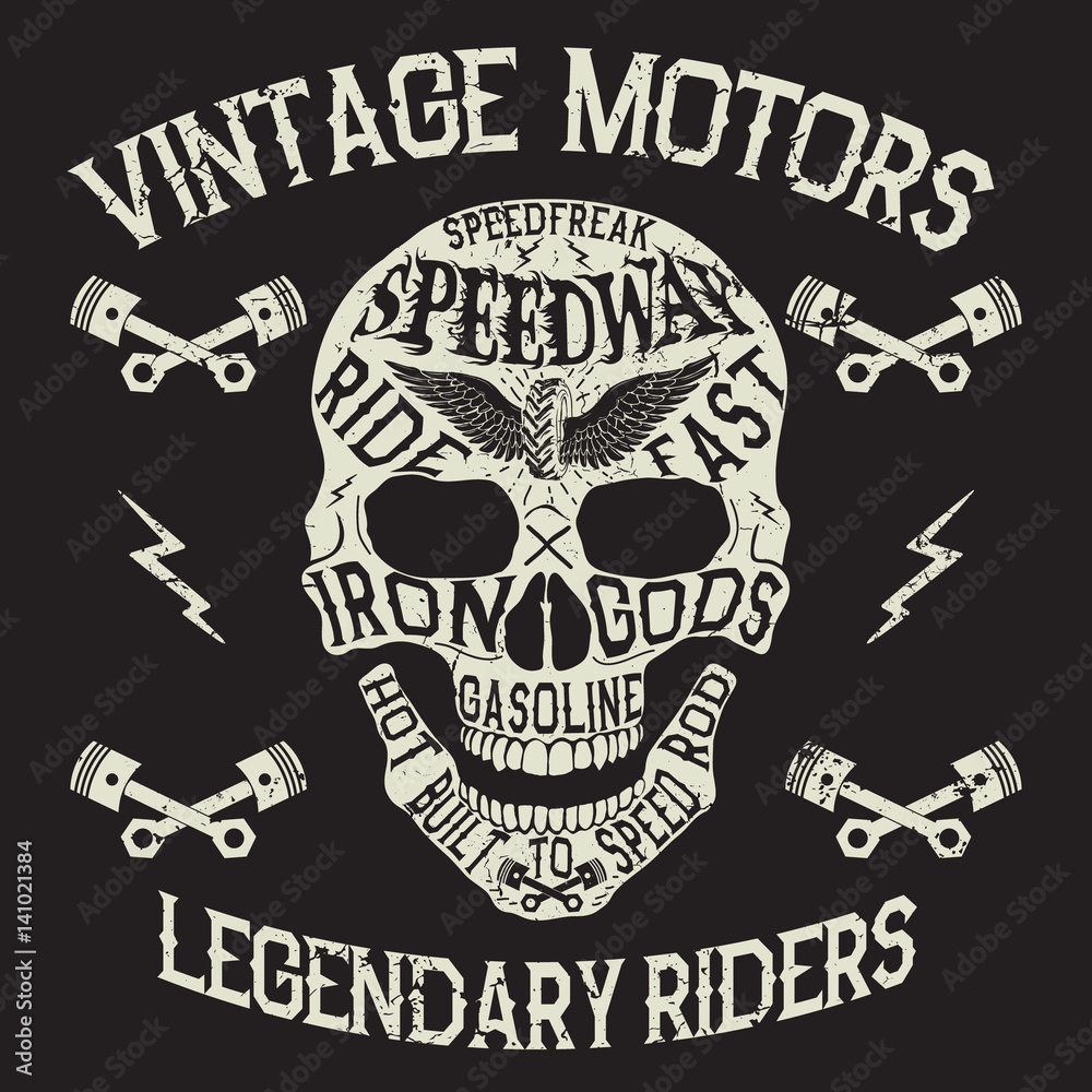 Fototapeta premium Vintage motors. Emblem with skull