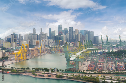 Photography Aerial view of Singapore shipping port with Central Business District, Singapore