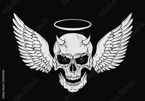 Horned skull with wings and red eyes
