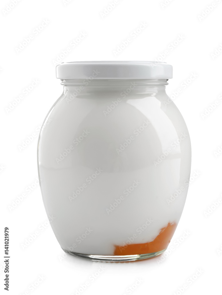 Glass jar with tasty yogurt and jam on white background Glass jar with tasty yogurt and jam on white background