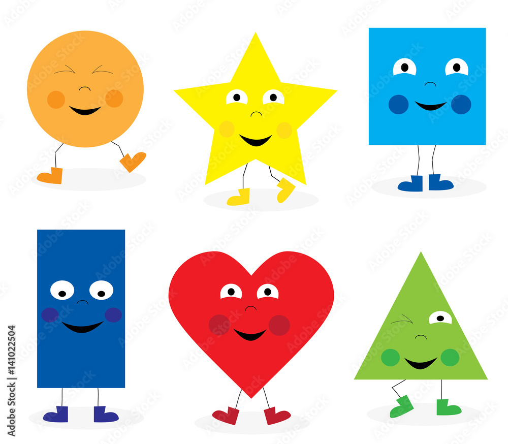 learning collection of funny dancing basic geometric smiling cartoon shapes for children / vectors illustration for kids