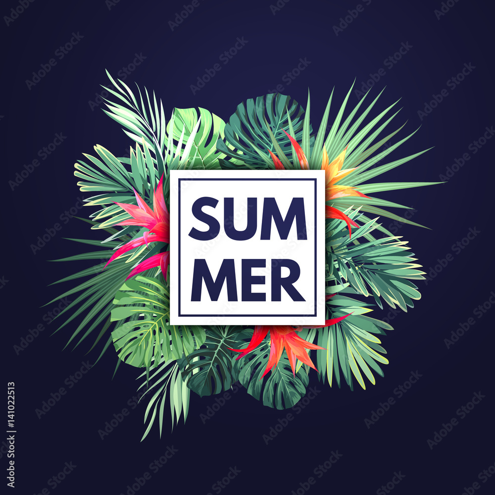 Fototapeta premium Customizable vector floral design template for summer beach party. Tropical flyer with green exotic plants and red flowers.