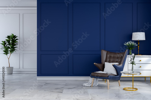 luxury modern room interior,blue lounge chair with white lamp and white sideboard on blue wall /3d render