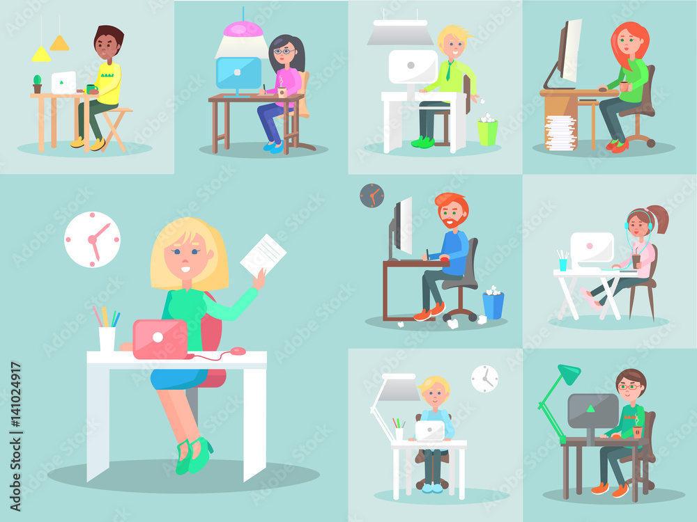 Characters Work at Computer in Office. Big Set Characters Work at Computer in Office. Big Set