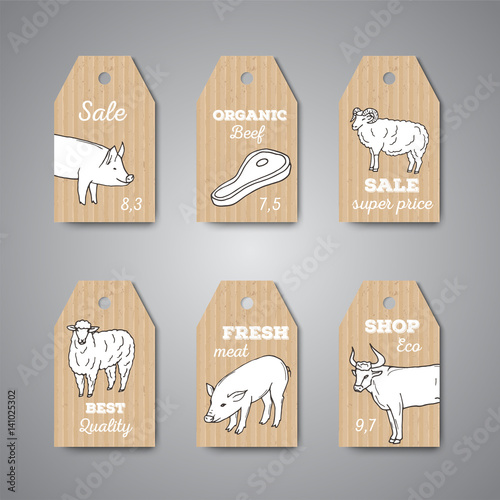 Butchery shop price tags and labels.