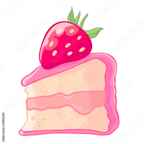 Cartoon icon of a slice of strawberry sponge cake with jam and berry sauce.