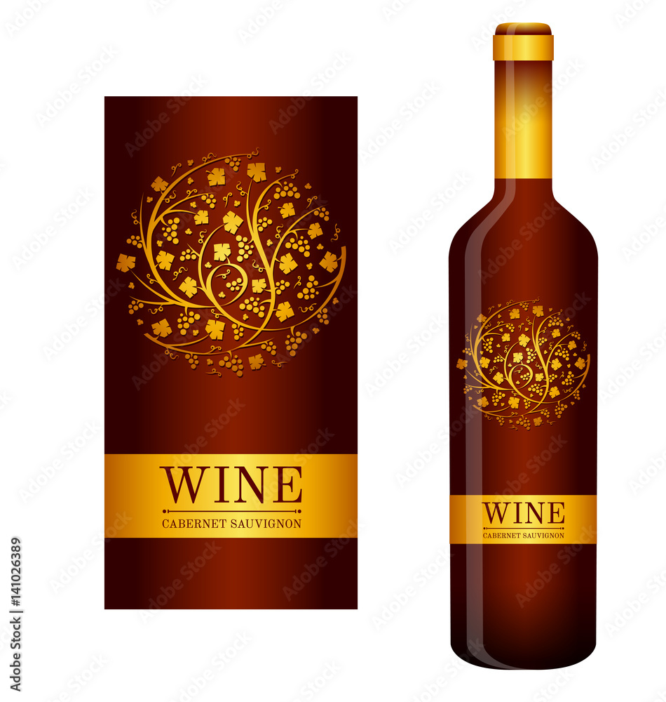 Vector wine label with floral ornaments of grape vines and bunches of grapes