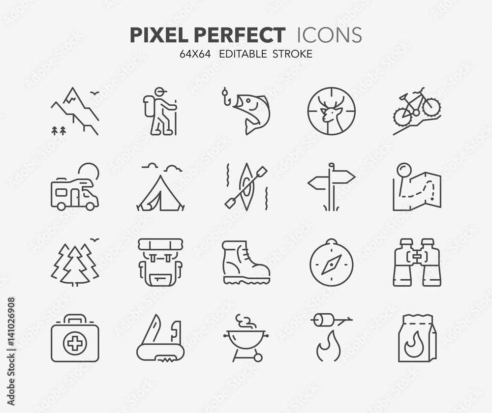 outdoor and camping thin line icons 1 - obrazy, fototapety, plakaty 