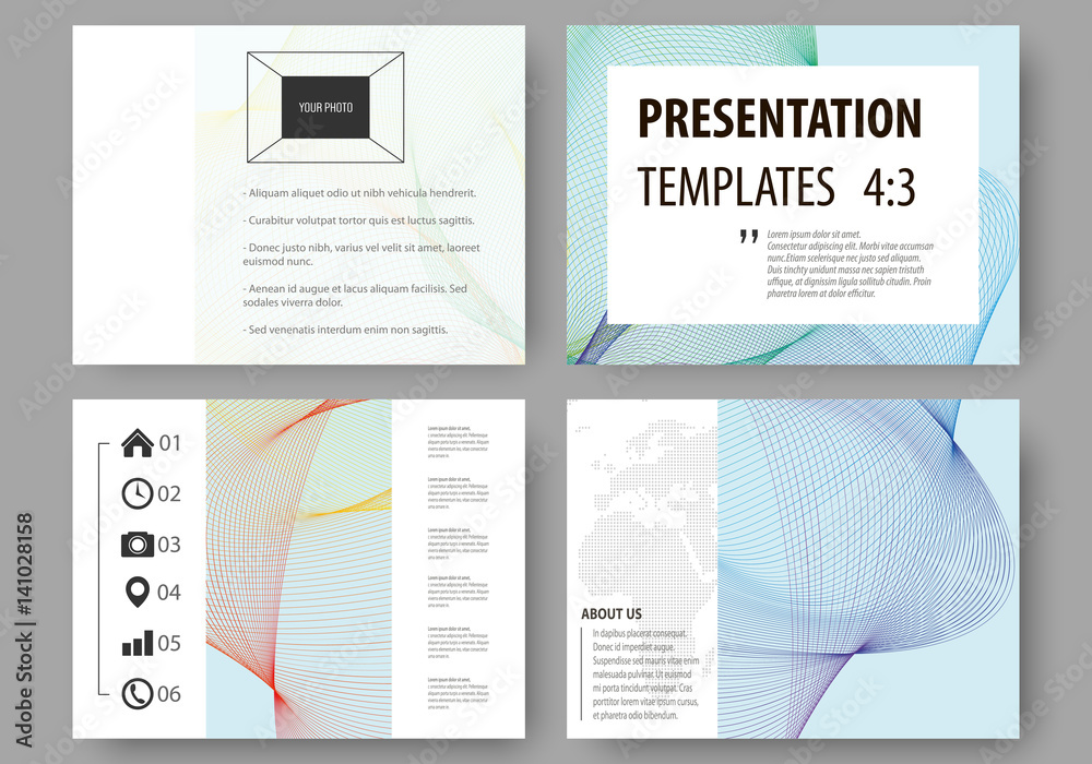 Set of business templates for presentation slides. Easy editable layouts, vector illustration. Colorful design background with abstract waves.
