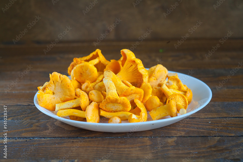 Delicious wild mushrooms chanterelle on table Delicious wild mushrooms chanterelle on table