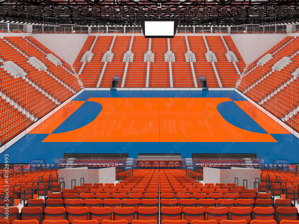 Naklejka premium 3d render - Beautiful sports arena for handball with orange seats and VIP boxes