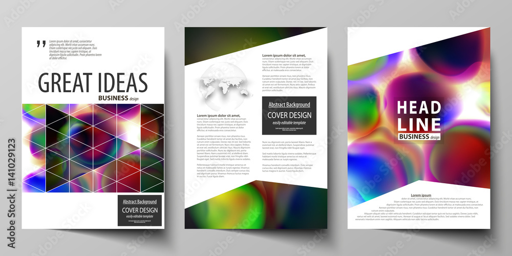 Business templates for brochure, magazine, flyer, booklet or annual report. Cover template, flat vector layout in A4 size. Colorful design background with abstract shapes, bright cell backdrop.