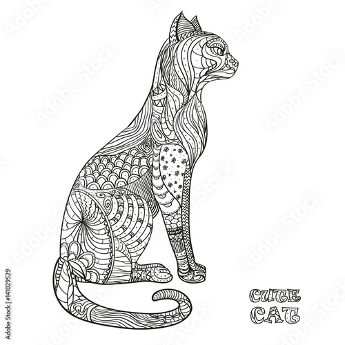 Cat. Design Zentangle. Hand drawn cat with abstract patterns on isolation background. Design for spiritual relaxation for adults.  Black and white illustration for coloring. Zen art