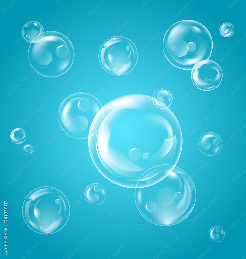 Realistic Transparent Soap Bubbles with Reflection on Blue Background