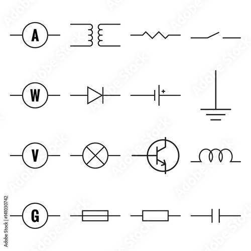 Set of electronic components for circuits and motherboards. Vector electric symbols, resistor, diode, bulb, transistor, capacitor, ammeter voltmeter switch battery