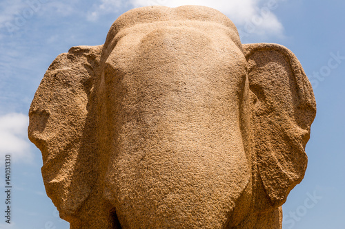 Elephant rock scultpure close-up at ancient Hindu monolithic,  Pancha Rathas - Five Rathas, Mahabalipuram, Tamil Nadu, India photo