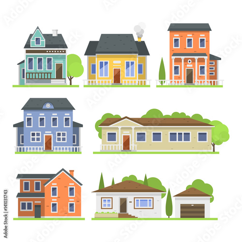 Cute colorful flat style house village symbol real estate cottage and home design residential colorful building construction vector illustration.