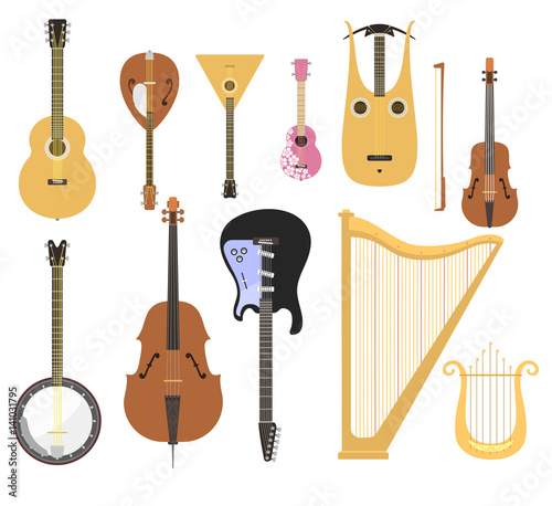 Set of stringed musical instruments classical orchestra art sound tool and acoustic symphony stringed fiddle wooden equipment vector illustration