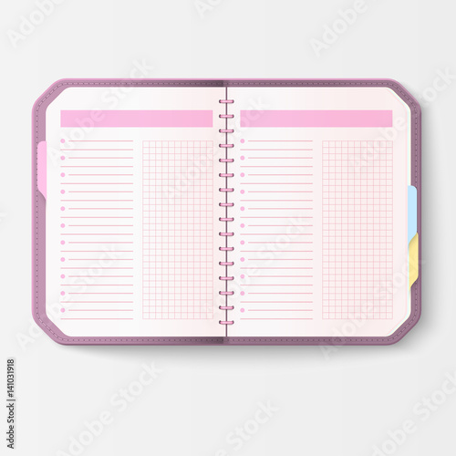 Open realistic notebook with pages diary office sheet template booklet and blank paper education copybook organizer vector illustration.