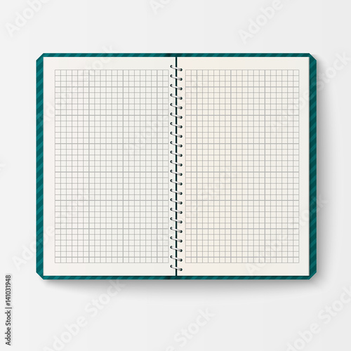 Open realistic notebook with pages diary office sheet template booklet and blank paper education copybook organizer vector illustration.