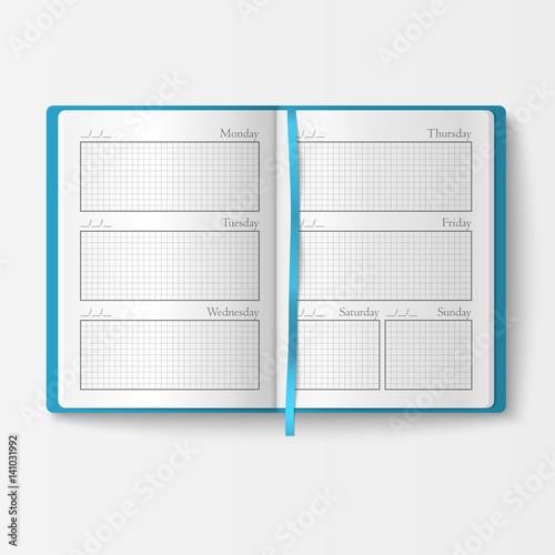 Open realistic notebook with pages diary office sheet template booklet and blank paper education copybook organizer vector illustration.