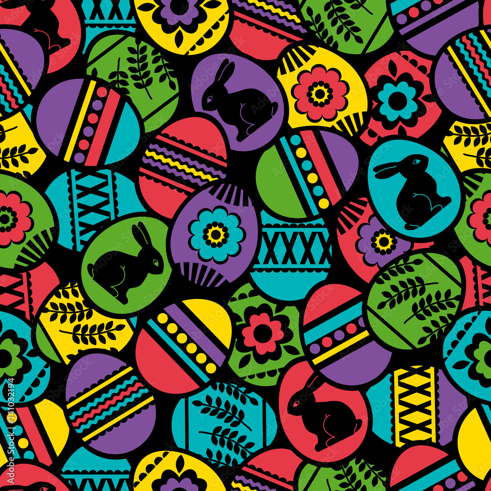 custom made wallpaper toronto digitalSeamless black background with color easter eggs, flowers and rabbit.Ideal for printing onto fabric and paper or scrap booking, vector illustration