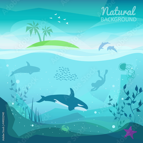 Tropical sea natural background. Landscape of marine life - Island in the ocean and underwater world with different animals. Low polygon style flat illustrations. For web and mobile phone, print.