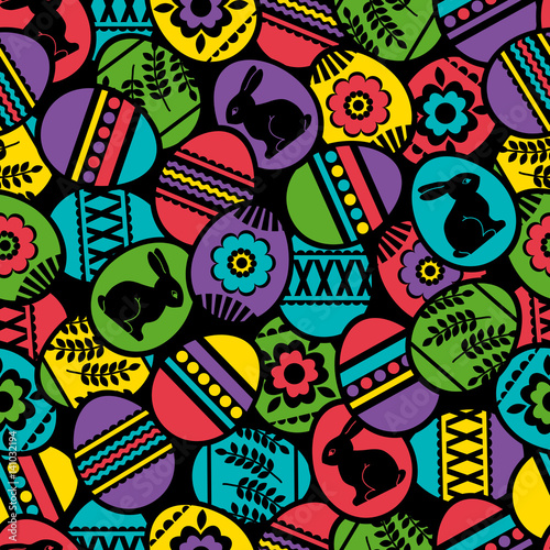 Wallpaper Mural Seamless black background with color easter eggs, flowers and rabbit.Ideal for printing onto fabric and paper or scrap booking, vector illustration Torontodigital.ca