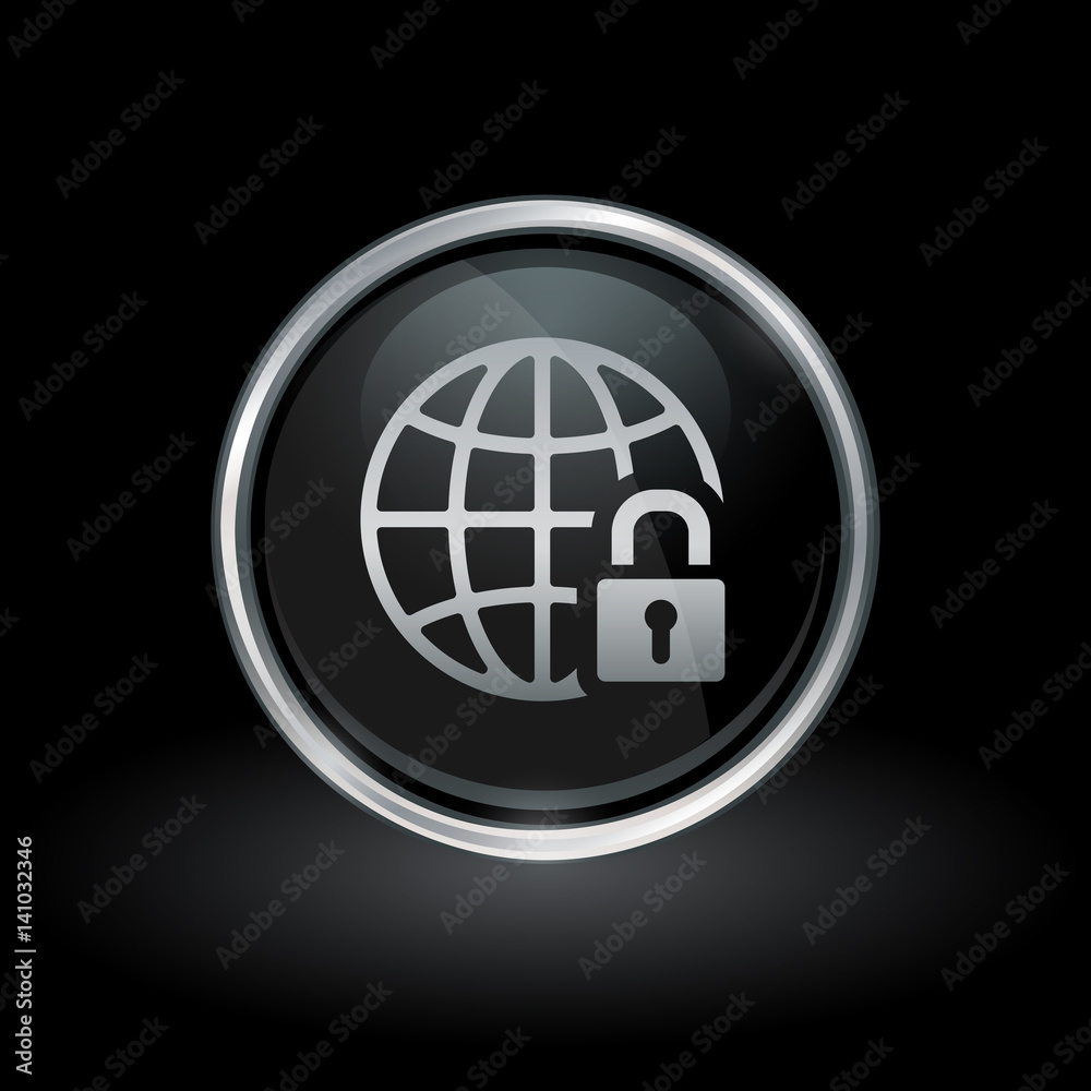 Secure global network symbol with globe and padlock icon inside round chrome silver and black button emblem on black background. Vector illustration. Secure global network symbol with globe and padlock icon inside round chrome silver and black button emblem on black background. Vector illustration.
