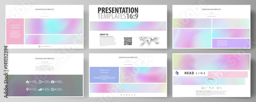 Business templates in HD format for presentation slides. Vector layouts in abstract design. Hologram, background in pastel colors with holographic effect. Blurred colorful pattern, futuristic texture.