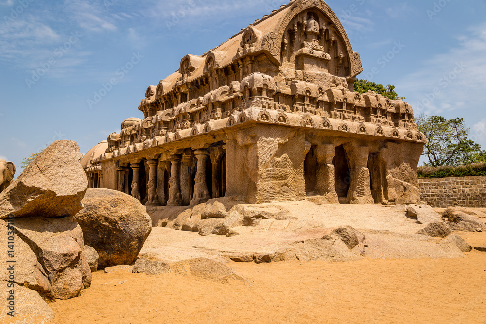 Ancient Hindu monolithic,  Pancha Rathas - Five Rathas, Mahabalipuram, Mamallapuram, Tamil Nadu, India