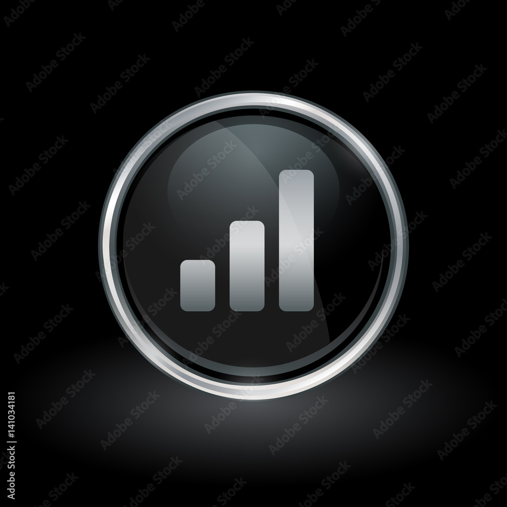 Chart symbol with bar graph progress icon inside round chrome silver and black button emblem on black background. Vector illustration. Chart symbol with bar graph progress icon inside round chrome silver and black button emblem on black background. Vector illustration.