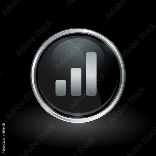 Chart symbol with bar graph progress icon inside round chrome silver and black button emblem on black background. Vector illustration.