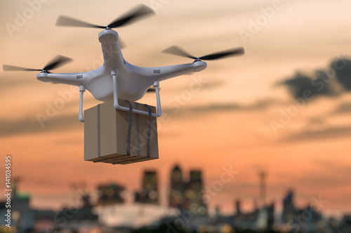 3D rendered illustration of flying drone delivering package at sunset.