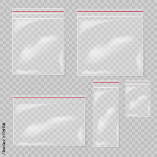Plastic bag set isolated on transparent background. Collection Empty transparent plastic pocket bags. Vector illustration.
