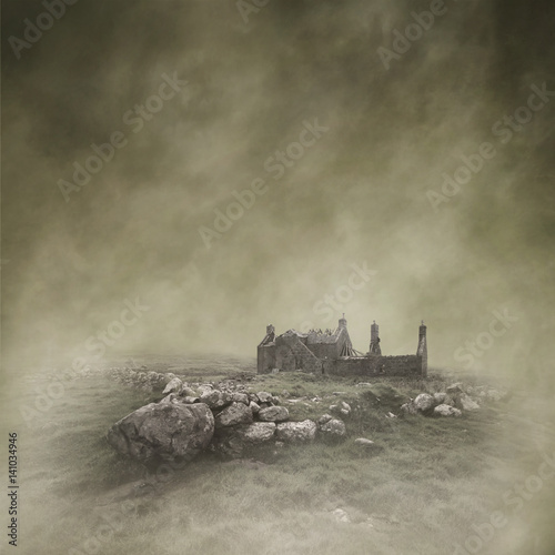 Abandoned, derelict croft in a bleak, misty moorland landscape captured using long exposure, bokeh and other effects with some areas blurred to create a surreal and dreamlike effect.
