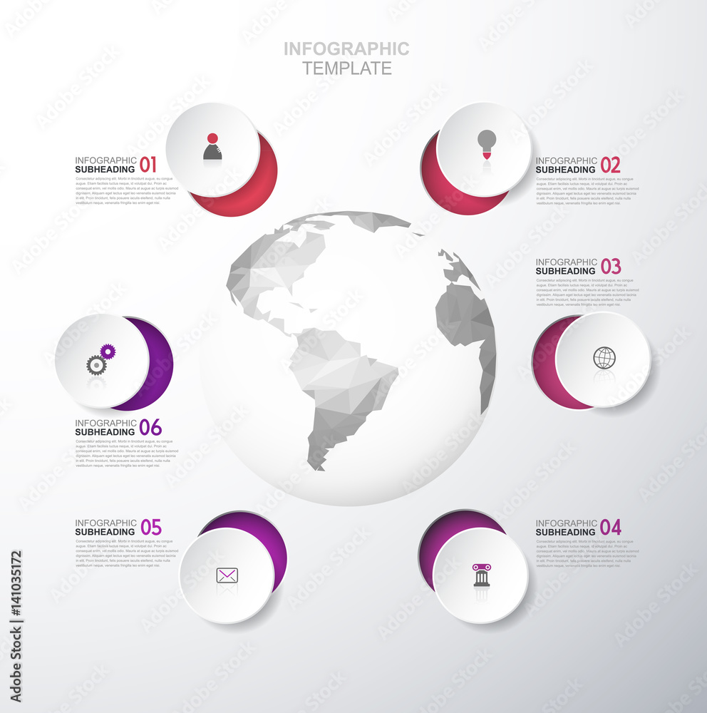 Fototapeta premium Infographic template with six colorful circles and icons line up around polygonal map - light version.