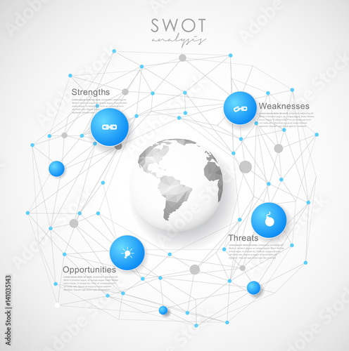 SWOT - (Strengths Weaknesses Opportunities Threats) business strategy mind map concept for presentations. Template with blue circles, dots and polygonal globe - light version.