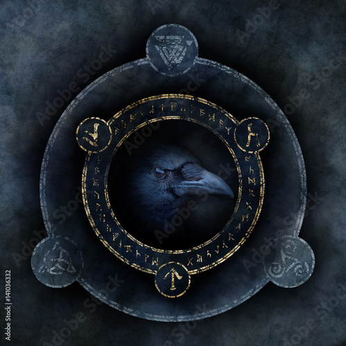 Carta da parati Celtic Crow Prophecy with a sinister crow head materialising within a circular emblem of elaborate Celtic, pagan and runic symbols