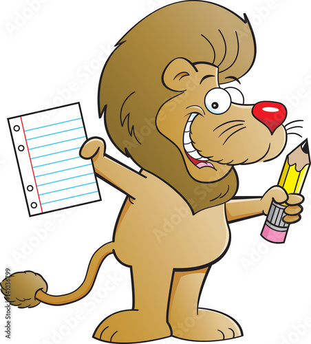 Fototapeta Naklejka Na Ścianę i Meble -  Cartoon illustration of a lion holding a per and pencil.
